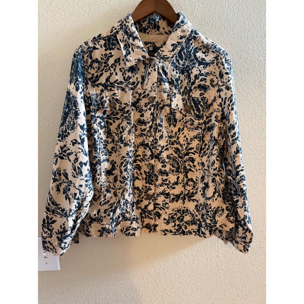 Carole Little Woman 100% Linen Paisley Floral Jacket Navy Beige Plus Size 1X